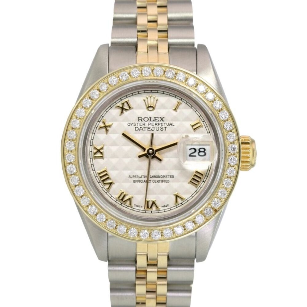 BOX & PAPER ROLEX DATEJUST 69173 CREAM PYRAMID ROMAN DIAL DIAMOND JUBILEE WATCH
